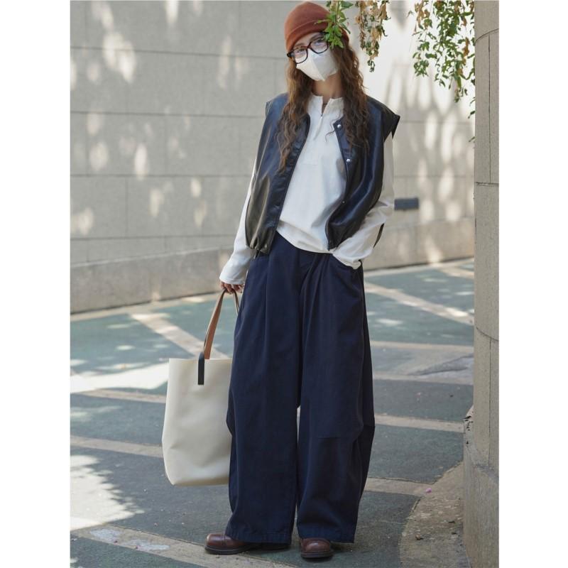 Johnature Japanese Relaxed Large-pocked Elastic Waist Trousers Structured Pants Women Casual Pants For Autumn Winter