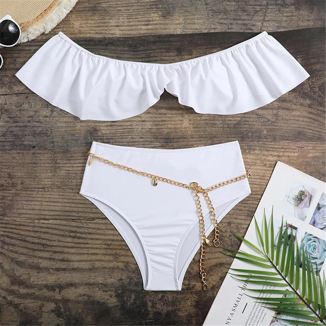 

Сексуальный женский купальник с открытыми плечами и рюшами, бикини с высокой талией, женский купальник из двух частей, комплект бикини, купальный костюм для плавания L белый