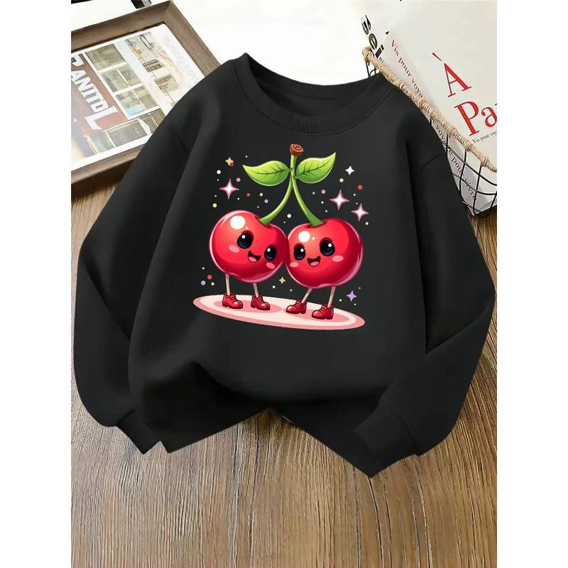 Kids Fashionable Crewneck Sweatshirt, Cute Dancing Cherry Duo Print,Casual Sportswear for Spring & Autumn