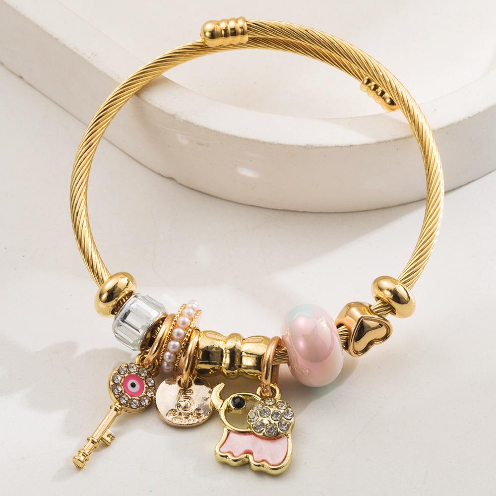 

Браслет из титановой стали для женщин, Персонализированный браслет со слоном, инкрустированный бриллиантами, Регулируемый браслет дружбы из нержавеющей стали оптом розовый