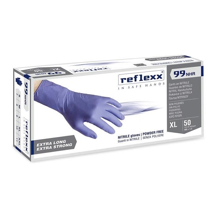 REFLEXX hi-risk Guantes de nitrilo sin polvo gr. 8.9, Talla L, 50 piezas, azul - R99/L