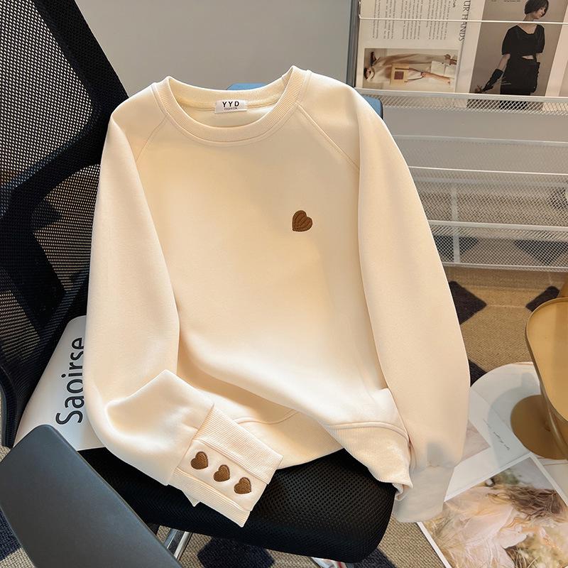 

Женский свитшот с круглым вырезом и вышивкой в виде сердца: Американский стиль, с длинным рукавом, универсальный и омолаживающий для весны и осени. Small абрикосовый