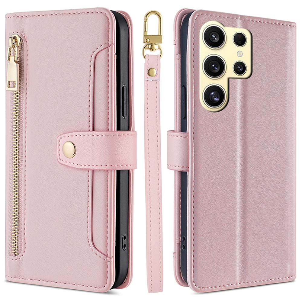 For Samsung Galaxy S24 Ultra Cell Phone Case Magnetic Leather Wallet Card Holder Phone Cover with 2 Straps