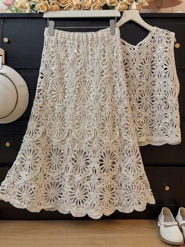 Luxury Sequin Hollow Knit Midi Skirt - Women's High-Waisted A-Line for Spring 2026