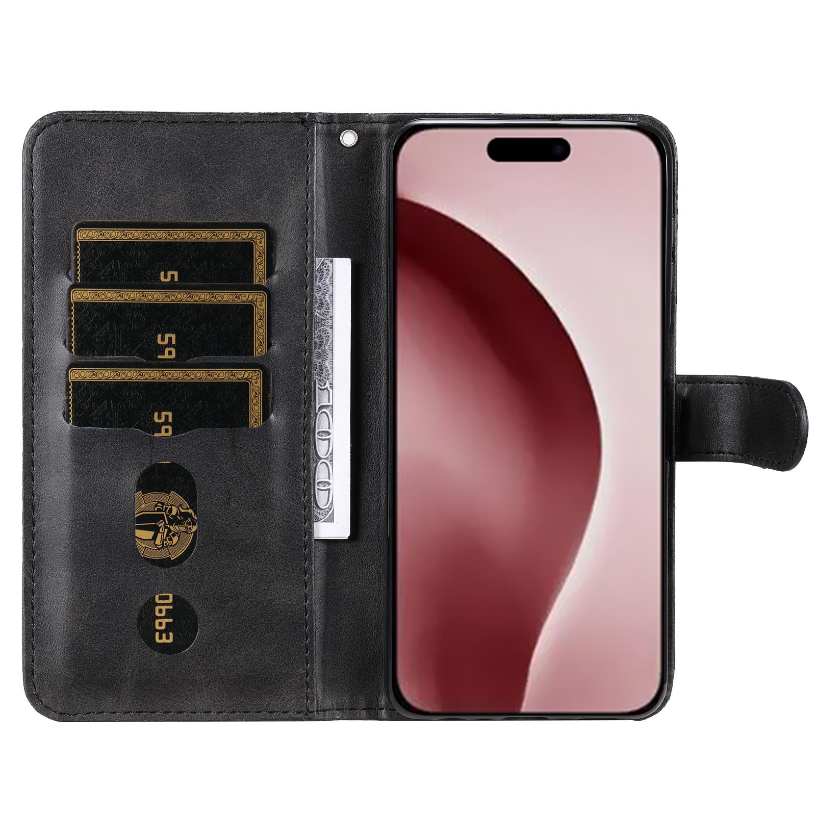 

For iPhone 16 Pro Case Zipper Pocket Wallet Shockproof PU Leather Phone Cover Black