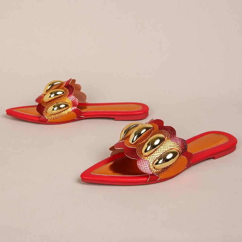 Fashion Fashion Patchwork Pointed Toe Flat Sandals Women Open Toe Metal Decoration Designer Shoes Comfort Non-slip Large Size Beach Shoe