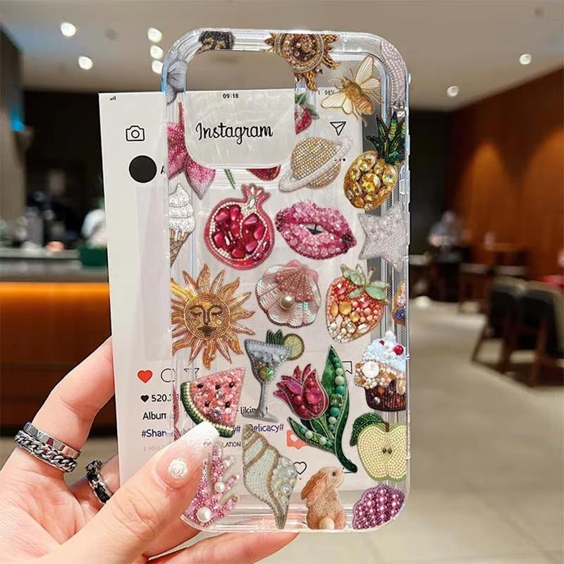 Beaded Pomegranate Sun Phone Case For iPhone 16 17 15 14 13 12 Mini 11 Pro Max 16E X XR 7 8 15 16 Plus SE2 Clear Soft TPU Cover