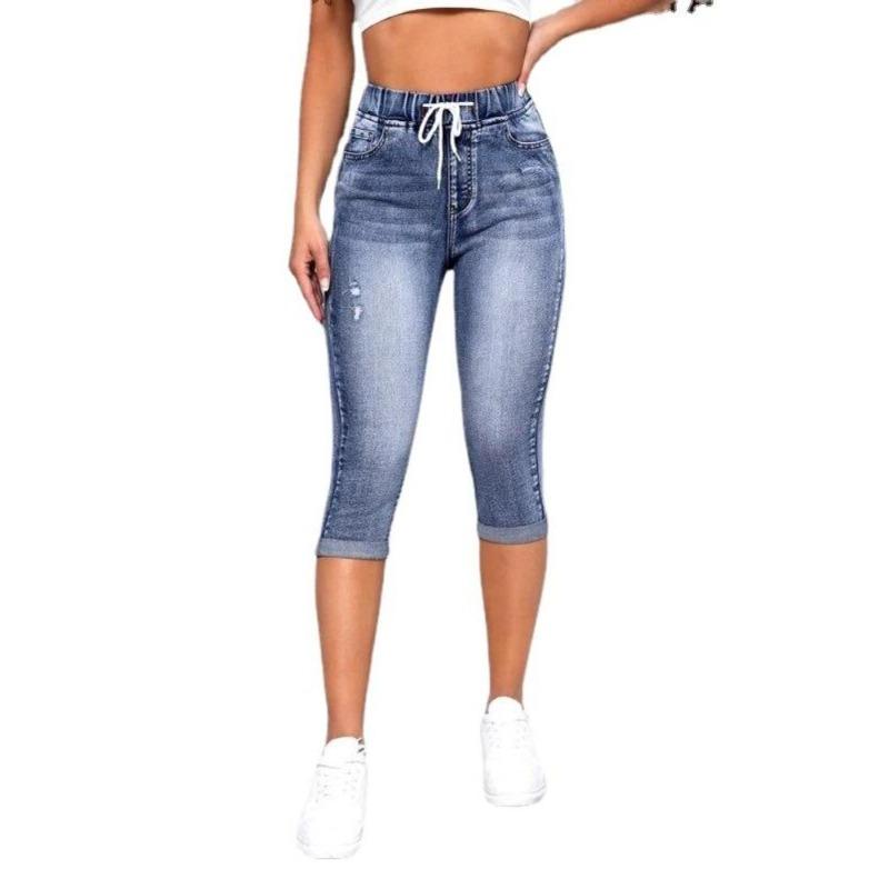 High Waist Women Denim Jeans Shorts Stretch Drawstring Knee Length Ripped Hole Jean Pants