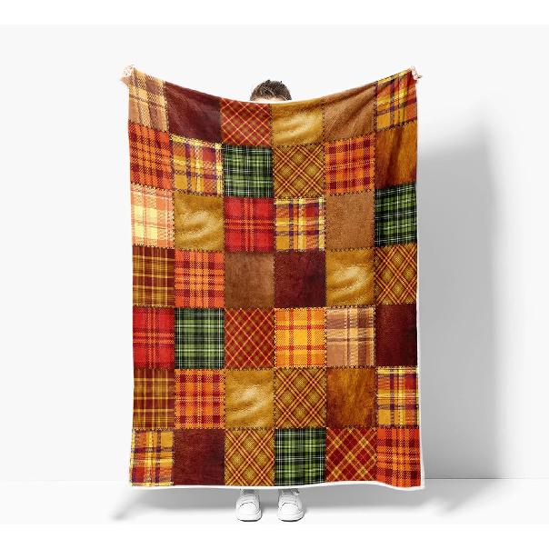 JAWO Fall Throw Blanket, Autumn Orange Plaid Fall Farmhouse Thanksgiving Cozy Bed Couch Blanket, Soft Comfy Fleece Flannel Throws Blankets Livingroom