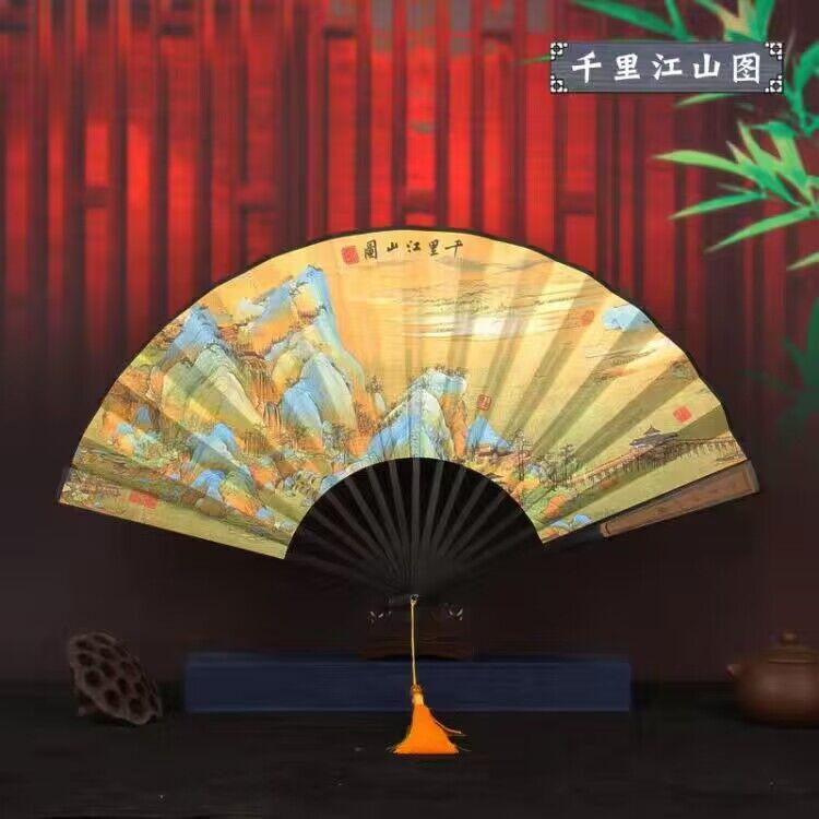 Retro style men's big folding fan with fan tassel Portable daily decorative hand fan Laser engraving fan bone Durable hand fan