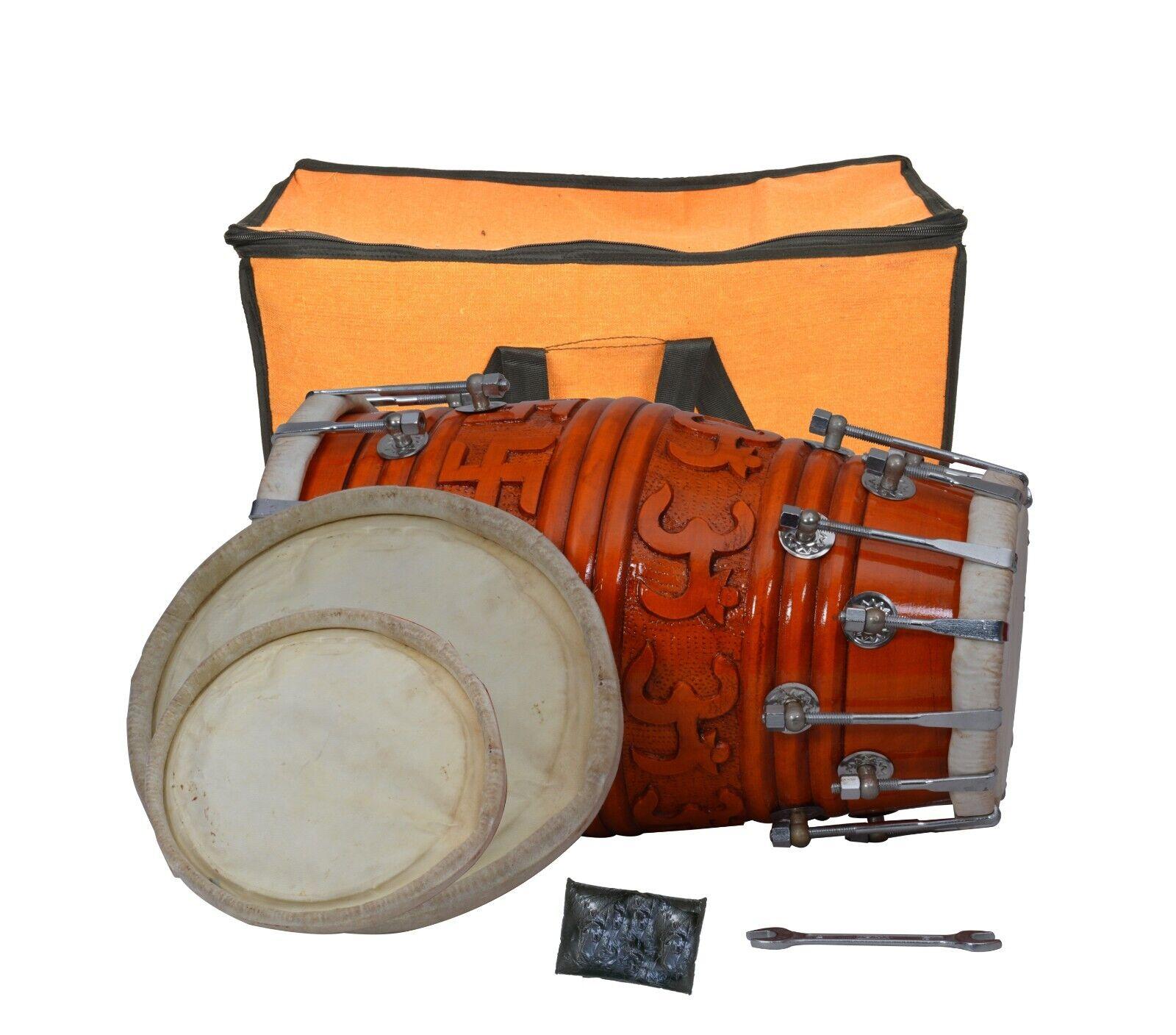 Traditional Wooden Dholak with Om & Swastik Carved Design – Nut & Bolt Tuning | Handcrafted Indian Musical Instrument