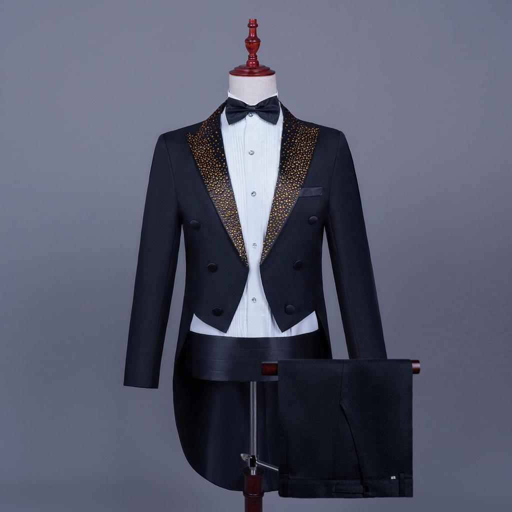 Men's Black and White Rhinestone Tailcoat for Magician, Singer, or Conductor - Formal Performance Wear