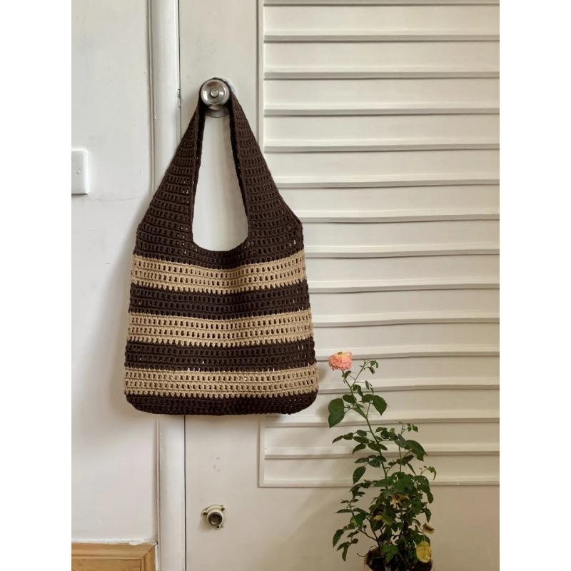 Women's Striped Woven Knitted Tote Bag Contrast Color Hollow Shoulder Bag Summer Beach Handbag