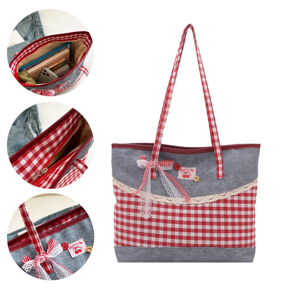 Retro Bow Lace Shoulder Bag Leisure Grid Large Capacity Handbag Underarm Bags Commuting Tote Bags College Students Schoolbag