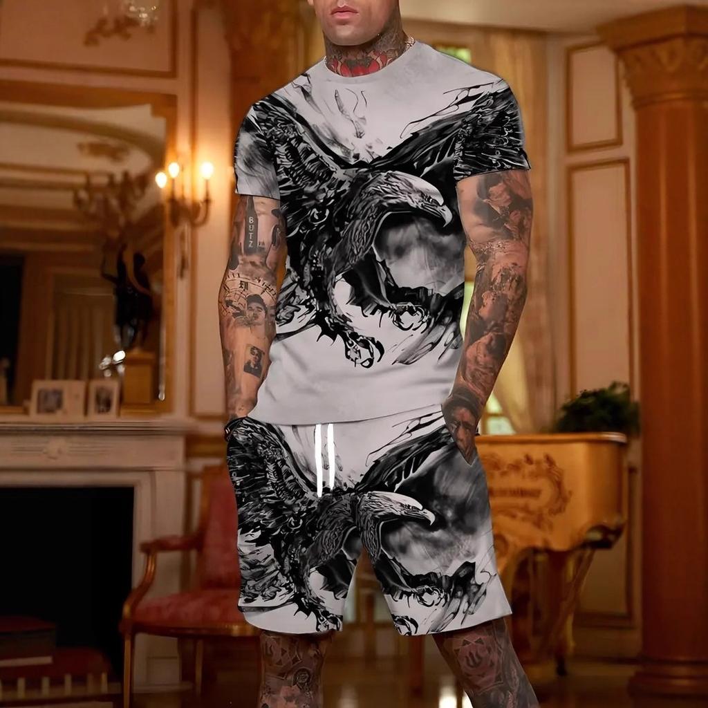 Modisches Resort-Style Herren T-Shirt Kurzarm Shorts Zweiteiliges Set Sommer 3D-Druck