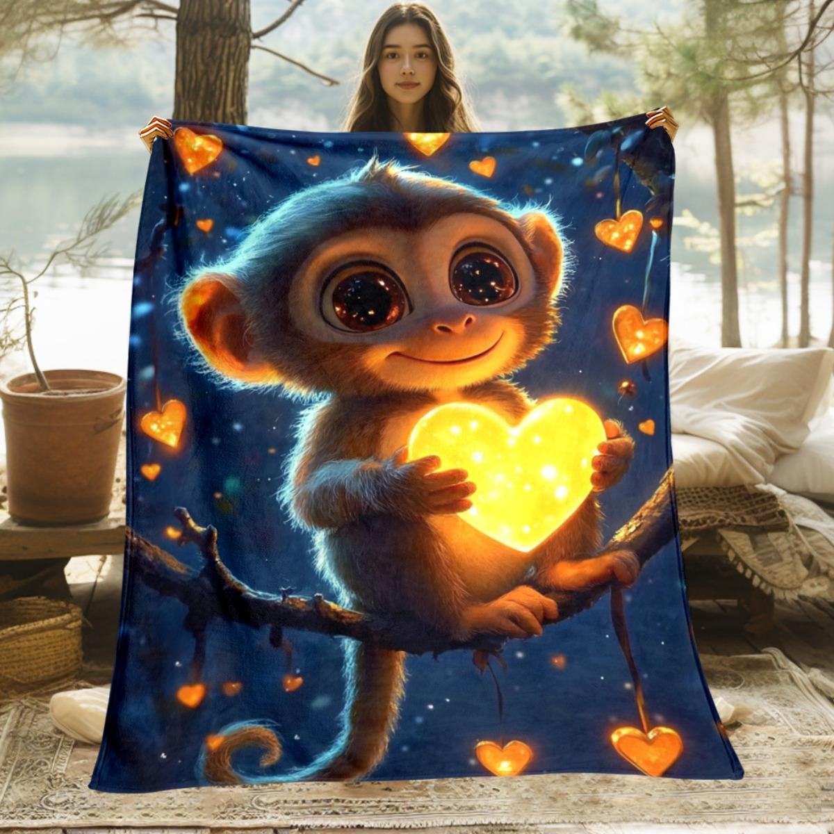 

1pc Monkey Holding Glowing Heart Blanket - Lightweight Flannel Throw with Digital Print, Soft & Warm All-Season Blanket for Sofa 70x100cm