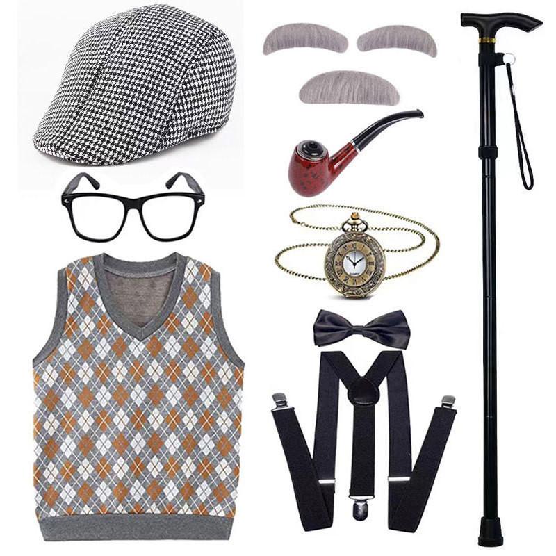Disfraz de abuelo premium con peluca, chaleco elegante y accesorios para niños y adultos.