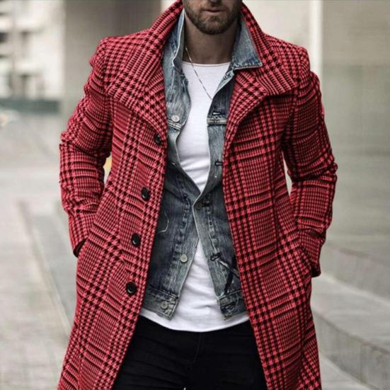 Men Overcoat Plaid Medium Length Turndown Collar Windbreaker British Style Coldproof Single Breasted Trench Coat Streetwear