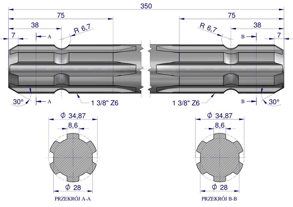 Shaft, PTO, double-sided milled, 350mm Z6 - 1 3/8, Waryński