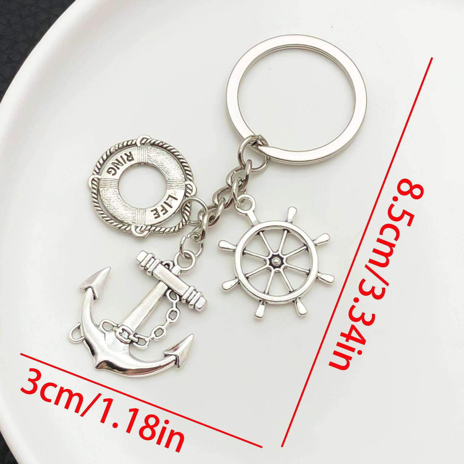 Ancient Silver Nautical Keychain: Lifebuoy, Ship Wheel & Lighthouse Pendant - Columbus Day Gift