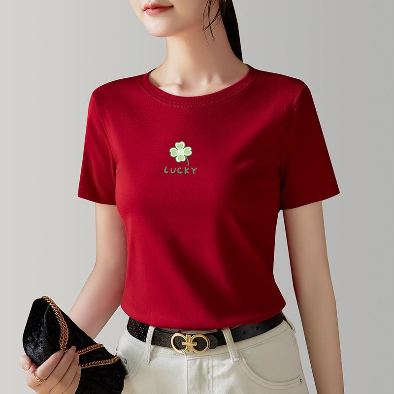 Black Short-sleeved T-shirt for Women New Women's Clothing, Front Shoulders, Round Neck, Small Floral Pattern Printed Base Shirt