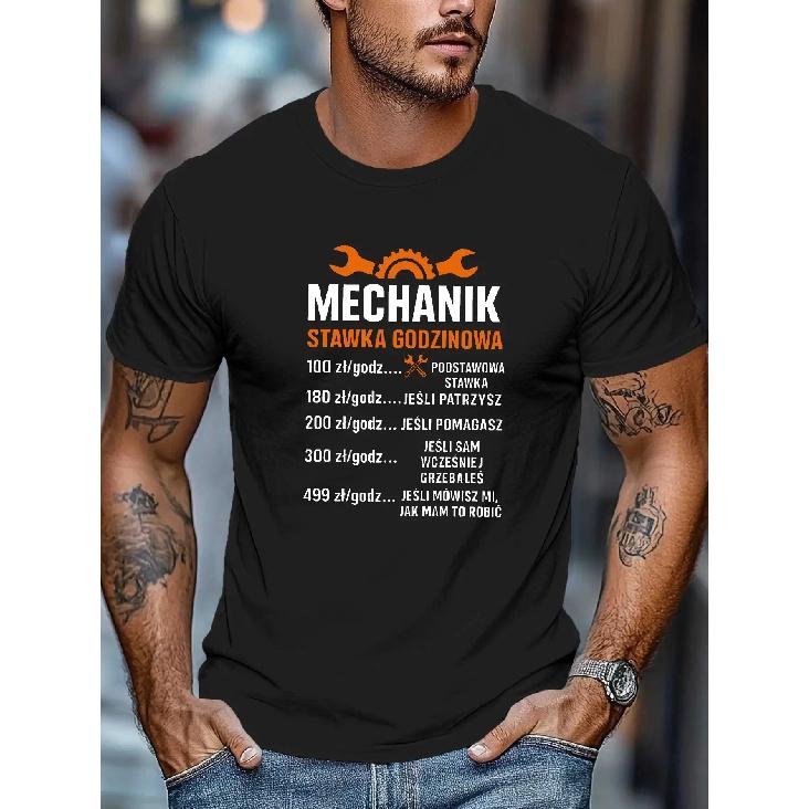 Men'S Funny Polish Mechanic Slogan T-Shirt - White with Polish Car Repair Phrases & "Mechanic" Text, Loose Fit Casual Round Neck Short Sleeve Tee,