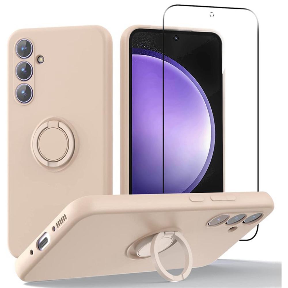 For Samsung Galaxy A37 5G Case Liquid Silicone Kickstand Cover with 2.5D Arc Edge Tempered Glass Film