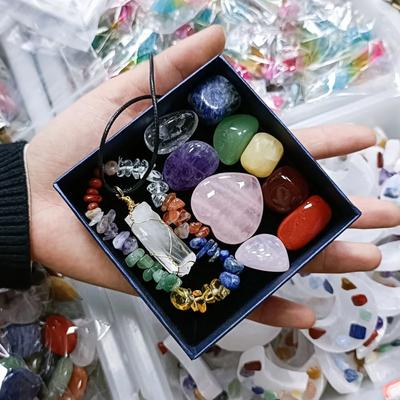 Crystal Jade Chakra Combination Set Pink Crystal Love Hexagonal Pendant Piece Colorful Stone Gift Box
