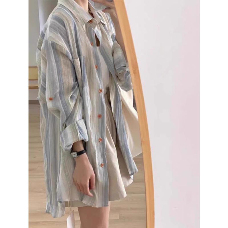 Plus Size Striped Long Sleeve Retro Shirt & Sunscreen Jacket for Women