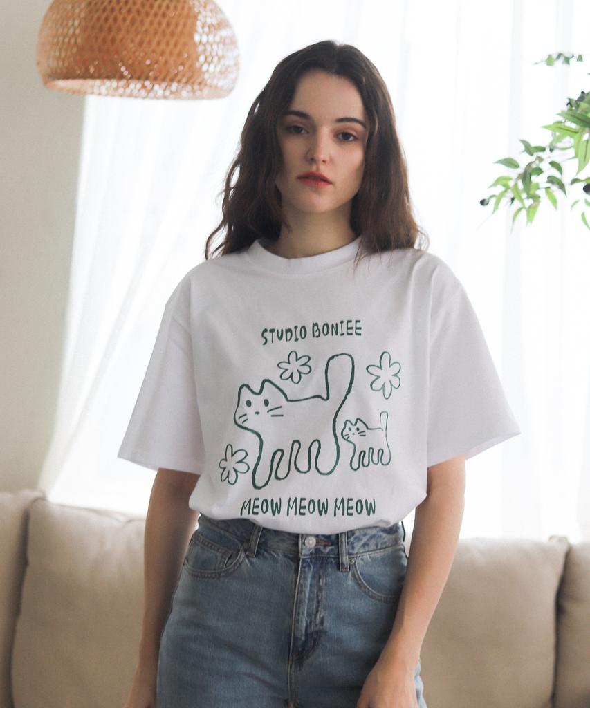 BONIEE Meow Cat Kitten Graphic Loose Oversized T-Shirt White