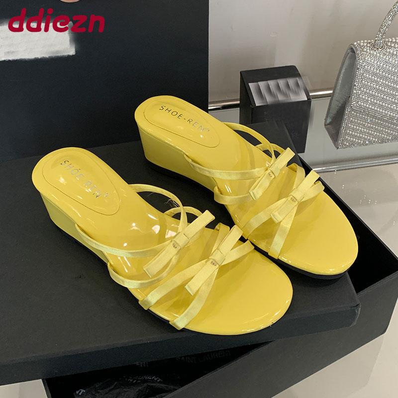 Fashion Fashion Butterfly-Knot Women Wedges Slippers Spring Summer Round Toe Ladies Heeled Slippers Shoes Female Slides Sandals Pumps