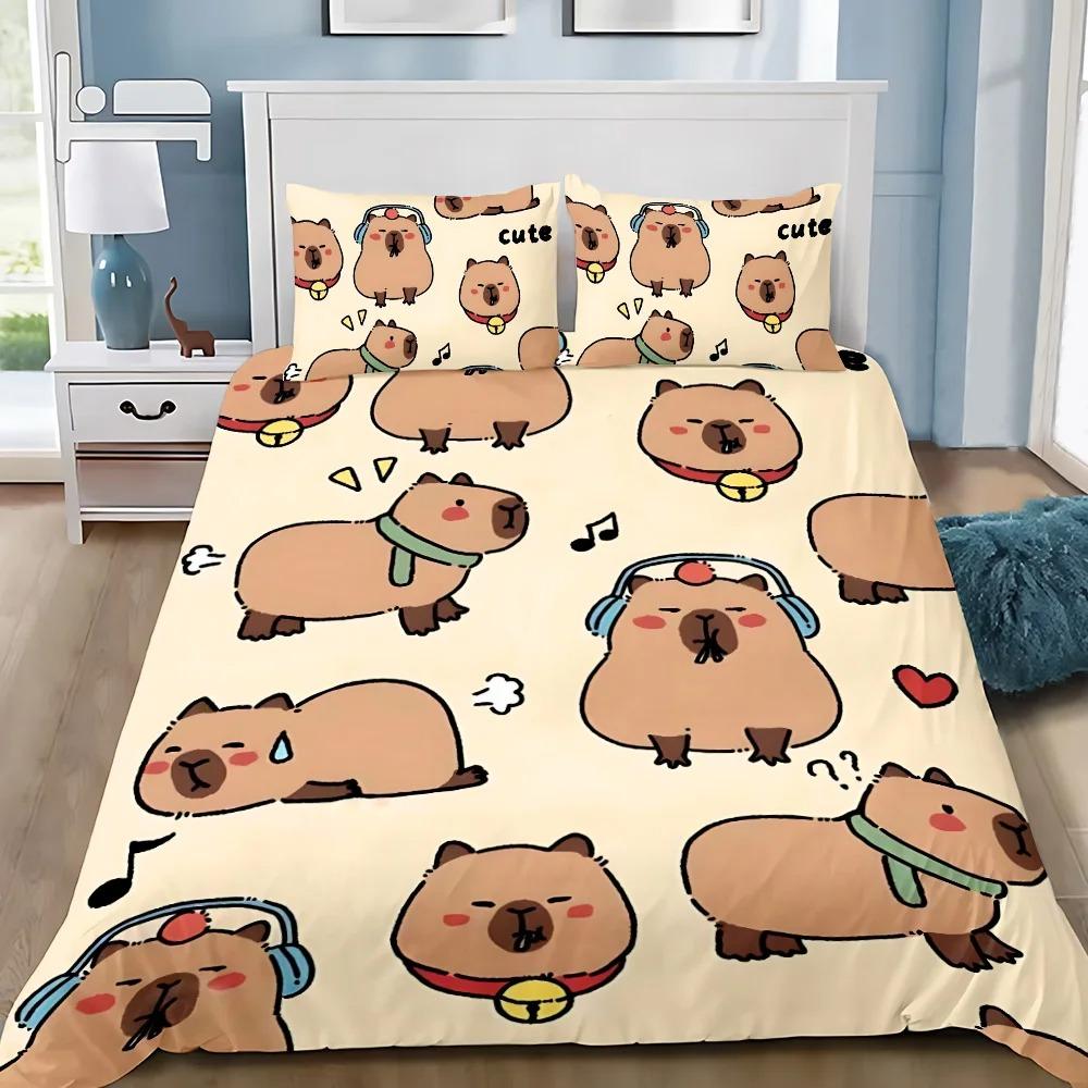 Capybara Quilt Cover Set 3D Decor Cute Print Comfortable Set Dark Style Breathable Bedding for Teenager Children