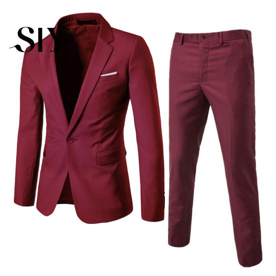 Slim Fit Business Outfit 2Pcs/Set Men Blazer Suit Pants Set Lapel Long Sleeve Single Button Pockets Coat Workwear