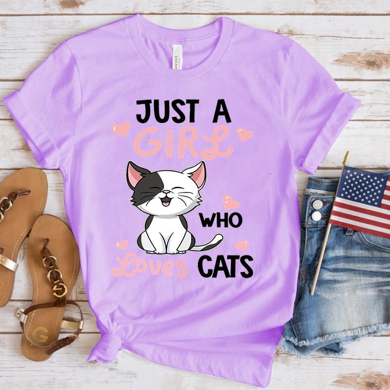 

Funny Just A Girl Who Loves Cats Print T-Shirt Women Summer Casual Short Sleeve Shirt Fashion Loose Tops L