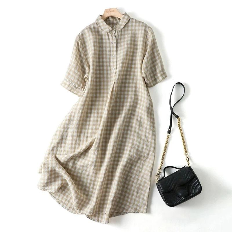 Plaid Dress Women Vintage Half Sleeve Hemp Shirt Dresses Large Size Loose Long Skirt