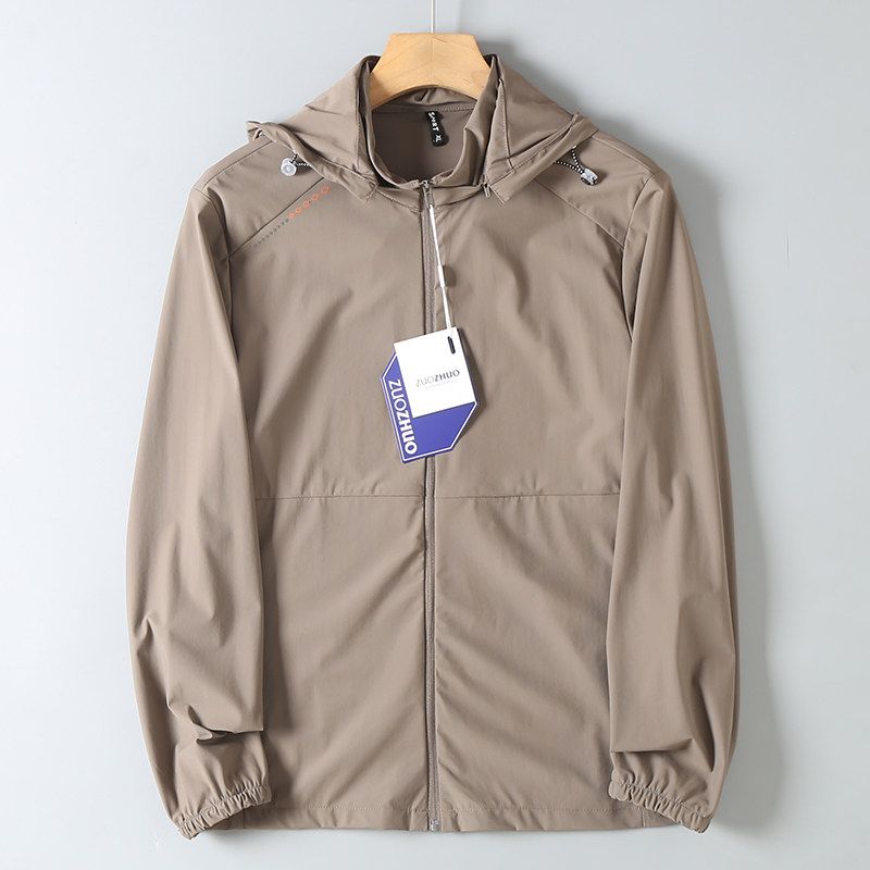 Летняя спортивная куртка с капюшоном для мужчин, защита от солнца, с биркой для внешней торговли, шелковистая, молочный шелк, UPF50+, высокоэластичная, ледяной шелк Khaki 2XL