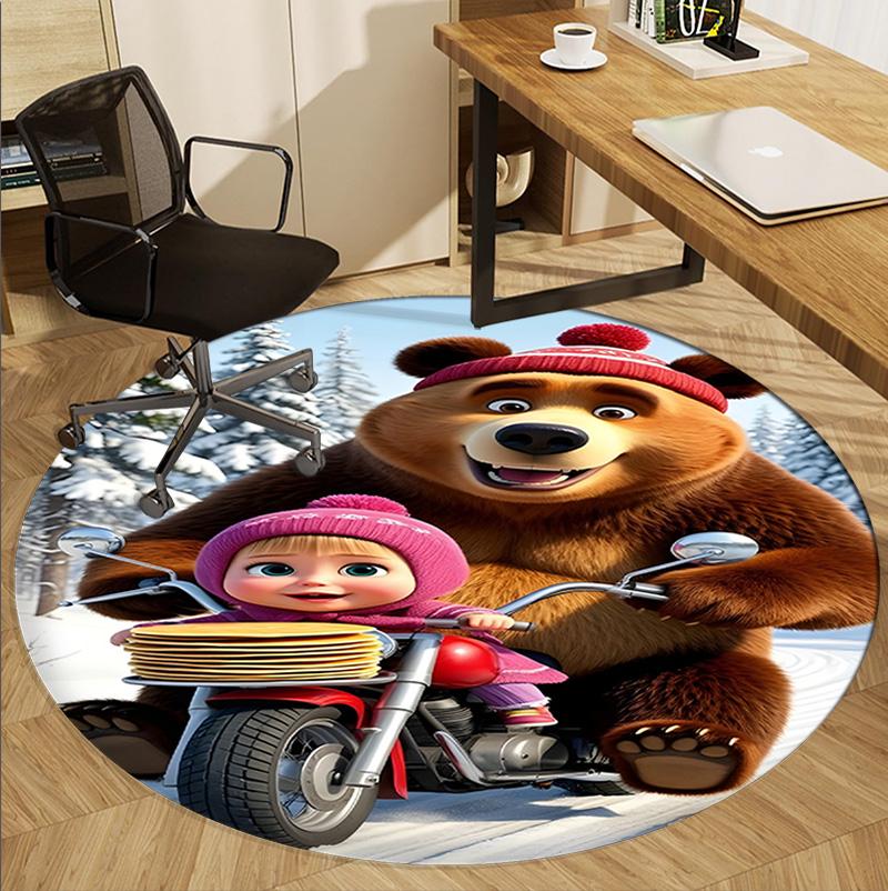 Masha and The Bear Pattern Round Rug, Indoor/Outdoor Mat, for Picnic, Gameroom, Bedroom, Office, Living Room, Home Decor Carpet, Birthday Gift