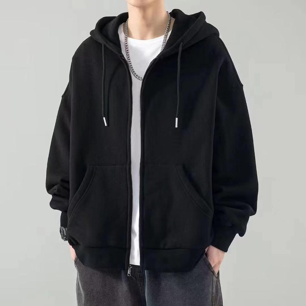 Men's Korean Style Solid Fleece Zip-Up Hoodie - Autumn/Winter Casual Sports Cardigan