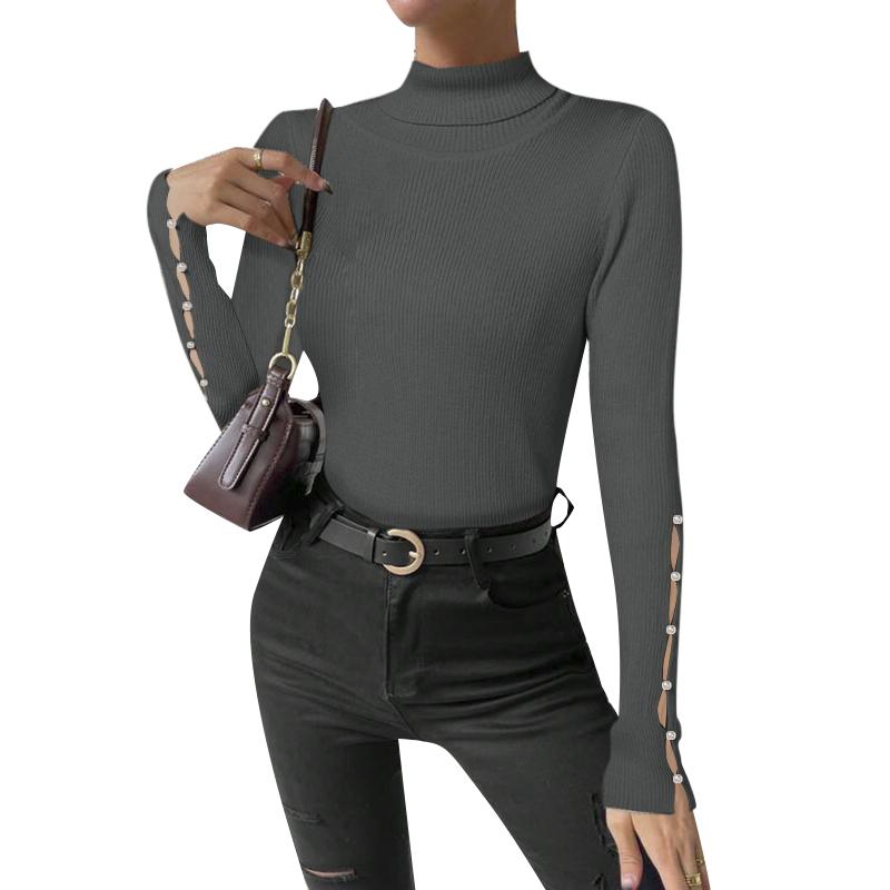 

ZANZEA Женский тонкий повседневный трикотажный свитер с длинными рукавами, высоким воротом и жемчужной отделкой XL серый