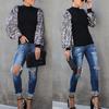 Women Autumn Winter Mock Neck Sequins Patchwork Long Puff Sleeve Blouse Shirt Top