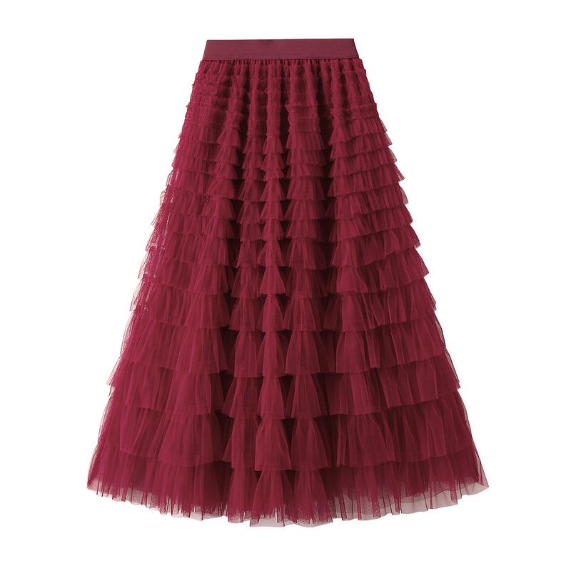 Women's Sweet Black White Tutu Skirts Tulle Cake Long Skirt Women Spring Summer Ruffle Pleated A-Line Chic Skirt