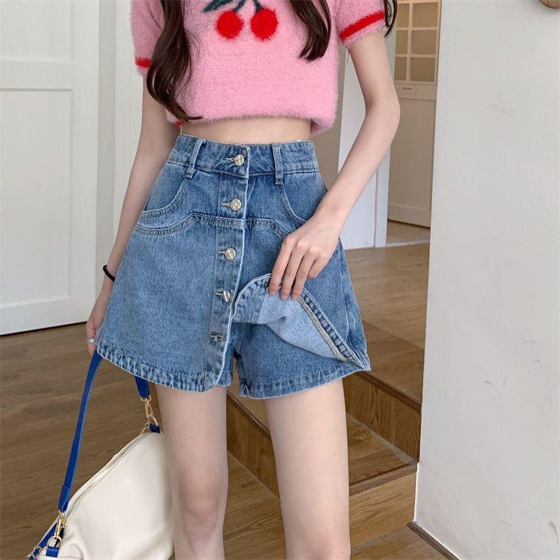 High-Waist Retro Blue Denim Shorts for Women, A-line Slimming Wide Leg with Lining. M