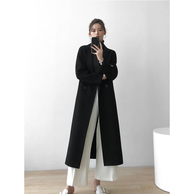 Women's Mid-Length Black Wool Coat - 2023 Autumn/Winter Thickened Slimming Versatile Korean Style Overcoat
