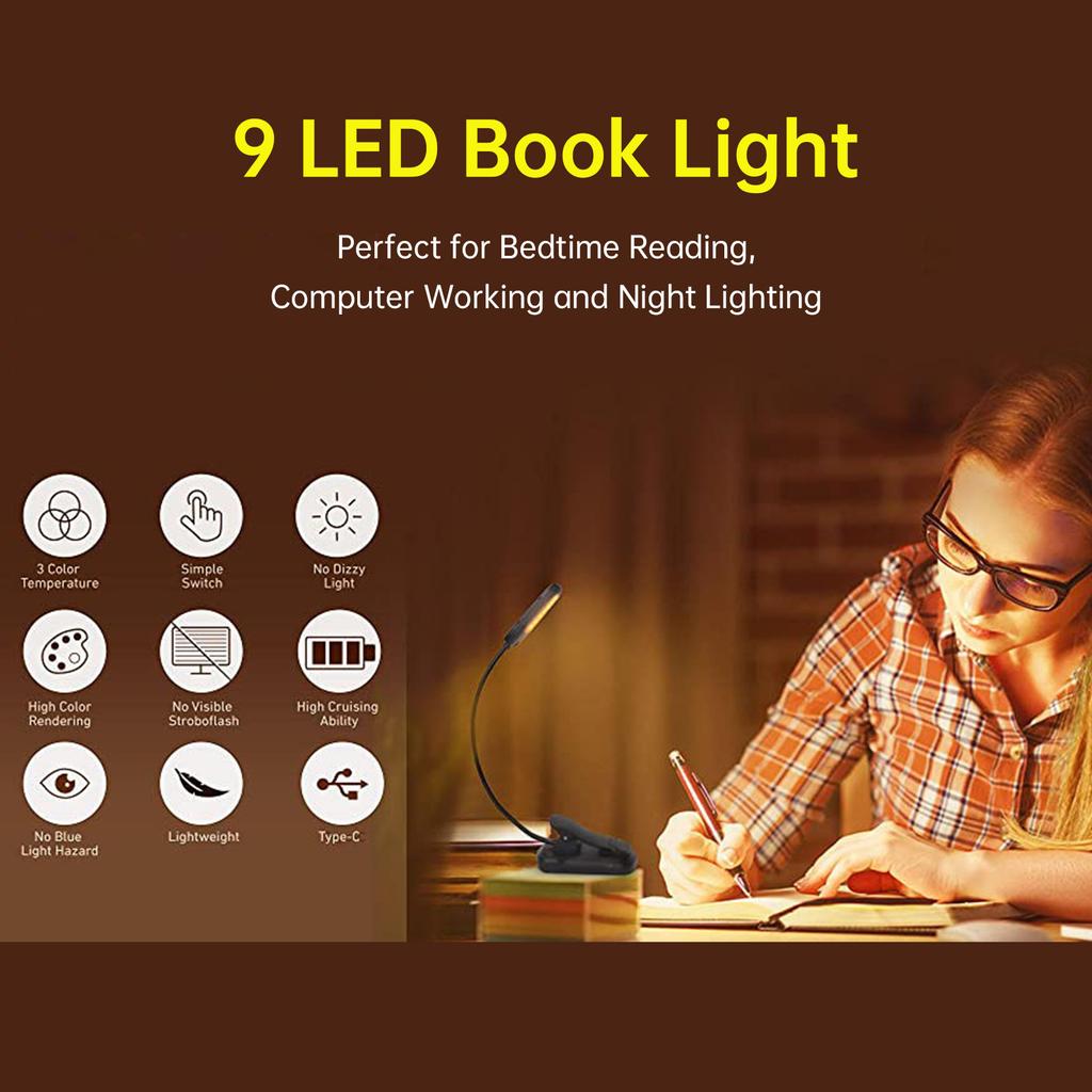 Reading Lights for Books In Bed Portable Clip On LED USB Rechargeable Lamp Eye Protection In 3 Colors & 3 Brightness