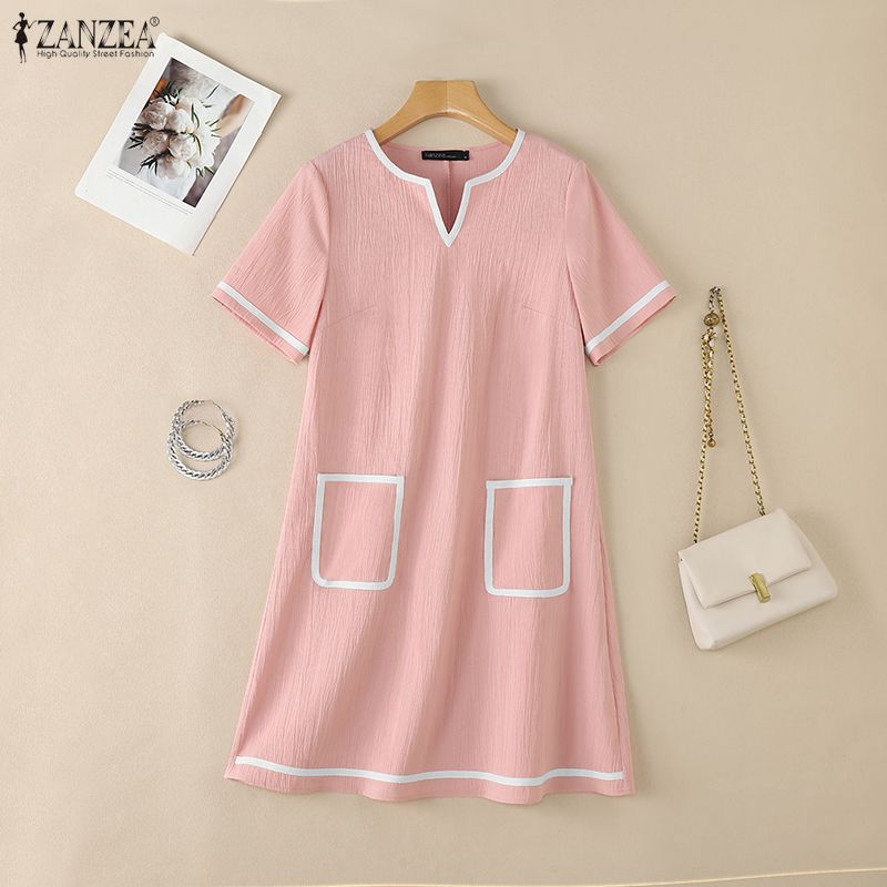 ZANZEA Women Eelgant Casual V-Neck Summer Short Sleeve Dress