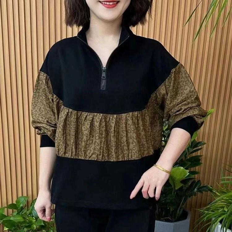 

Stylish Color Block Half-Zip Loose Plus Size T-Shirt for Middle-Aged and Elderly Women - Versatile Spring Outerwear 3XL (130-145 jin) кофейный