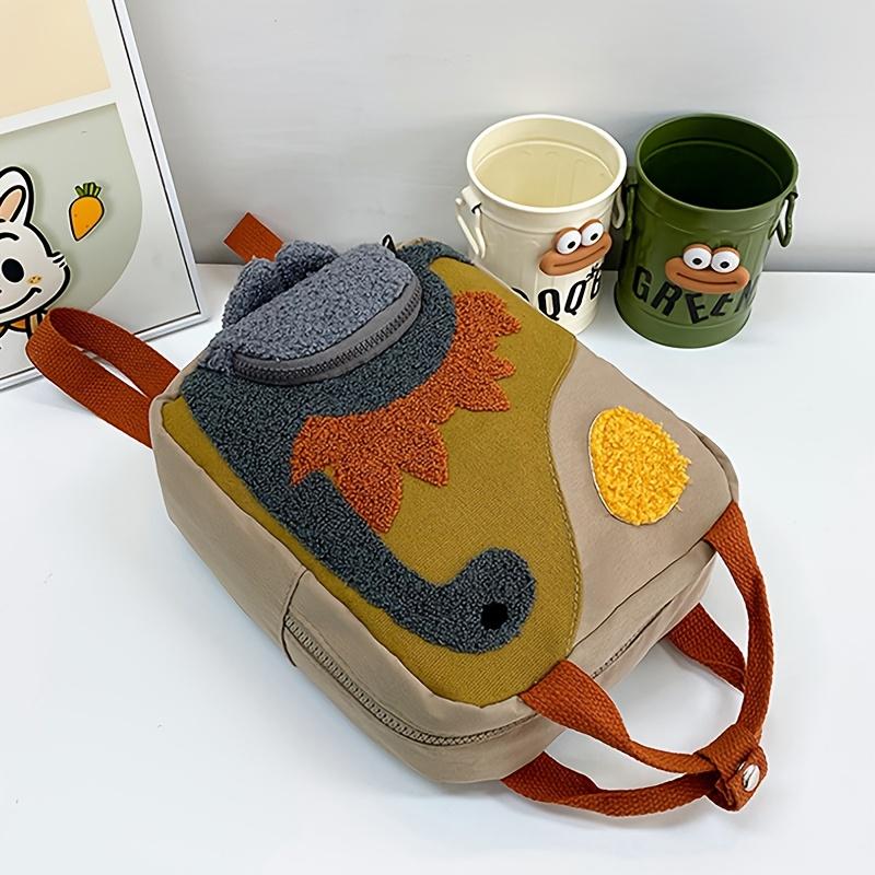 Khaki Lightweight Canvas Backpack Cute Dinosaur-Themed for Youngsters Adjustable Straps Zip Closure Colorful Embroidery Ideal for School & Outings