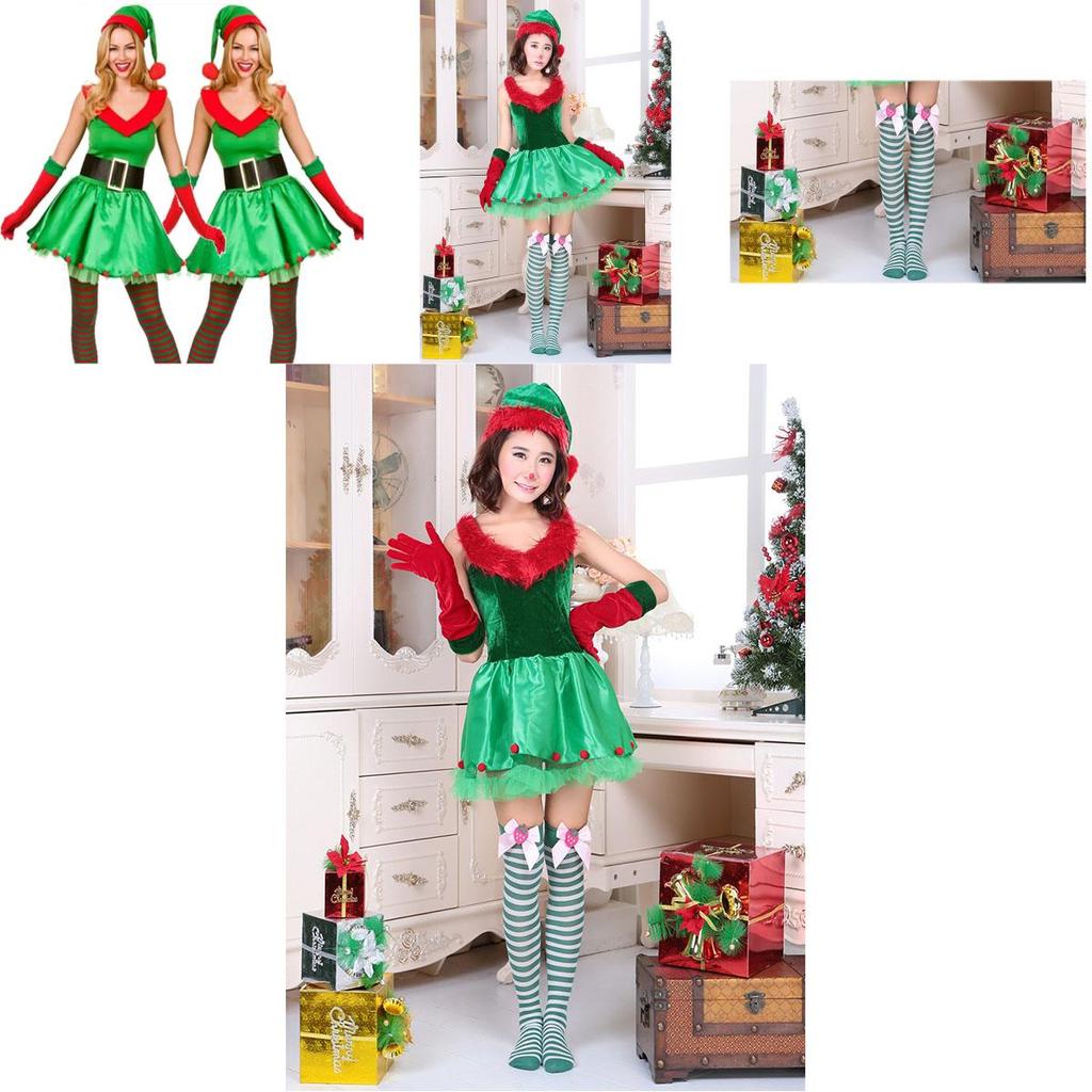 Premium Quality Women's Fashion Sexy Green Christmas Cosplay Elf Costume Dress Set