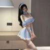 Sexy Maid Exposed Large Open Mini Halloween Fishnet Tights [YUEEI] Costume, Cosplay, Blue, Black, Checkered, Extreme, Hips, Bow, Back, Sleeveless,
