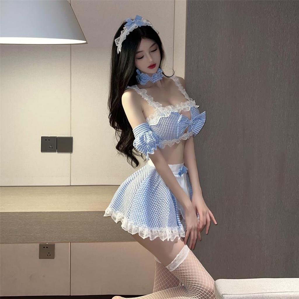 Sexy Maid Exposed Large Open Mini Halloween Fishnet Tights [YUEEI] Costume, Cosplay, Blue, Black, Checkered, Extreme, Hips, Bow, Back, Sleeveless,
